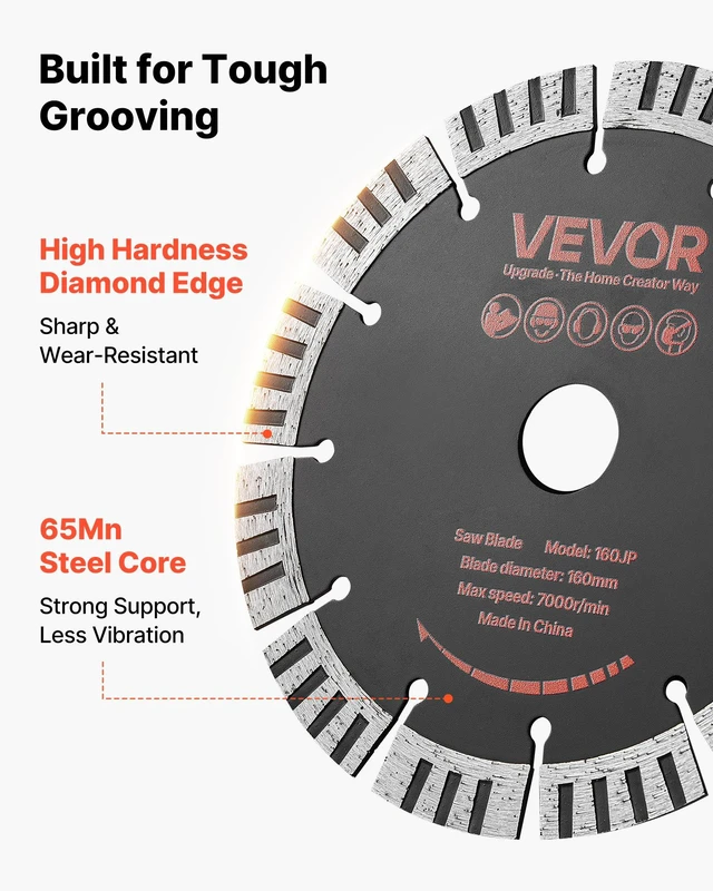 Alt view image 4 of 8 - VEVOR Diamond Blades 6.3 inch, 5-Pack Wall Chaser Saw Blade Cutting Blade, 0.87 in Arbor, High-Hardness Diamond Segments, 65Mn Steel Core, Dry Wet Cutting, Clean Edges for Concrete Brick Stone Cement