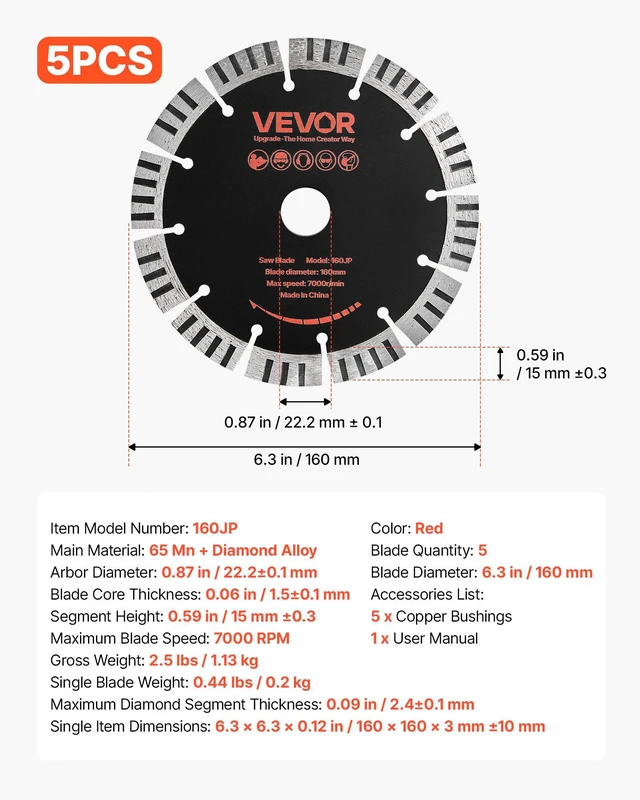 Alt view image 7 of 8 - VEVOR Diamond Blades 6.3 inch, 5-Pack Wall Chaser Saw Blade Cutting Blade, 0.87 in Arbor, High-Hardness Diamond Segments, 65Mn Steel Core, Dry Wet Cutting, Clean Edges for Concrete Brick Stone Cement