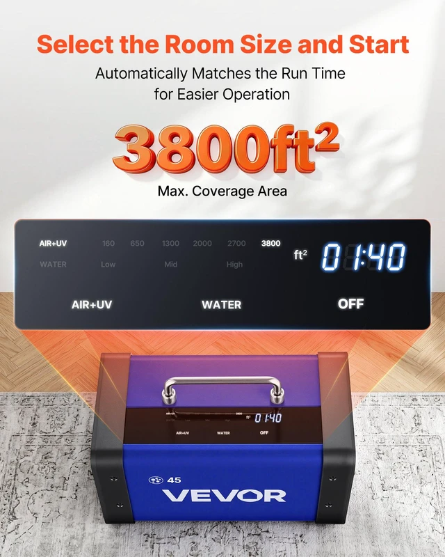Alt view image 4 of 8 - VEVOR Ozone Generator, 45000mg/h Commercial Ozone Machine, with 15s Delayed Start & Dual-Hose Water Mode & LCD Touchscreen, Industrial Deodorizer for Car, Smoke, Home Odors, Up to 3800 sq.ft