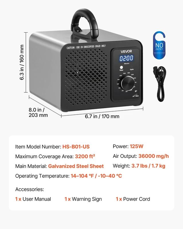Alt view image 7 of 8 - VEVOR Ozone Generator, 36000mg/h Commercial Ozone Machine, 15s Delayed Start & Timer & Rotary Encoder Knob & Odor-Treatment Cycle Mode, Industrial Deodorizer for Car, Smoke Odorss,Up to 3200 sq.ft