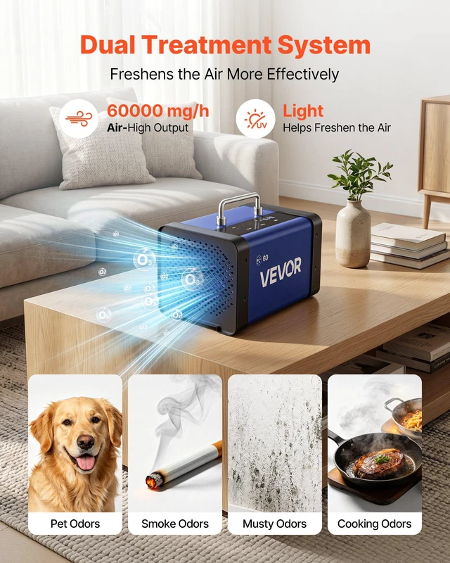Alt view image 3 of 8 - VEVOR Ozone Generator, 60000mg/h Commercial Ozone Machine, with 15s Delayed Start & Dual-Hose Water Mode & LCD Touchscreen, Industrial Deodorizer for Car, Smoke, Home Odors, Up to 4800 sq.ft