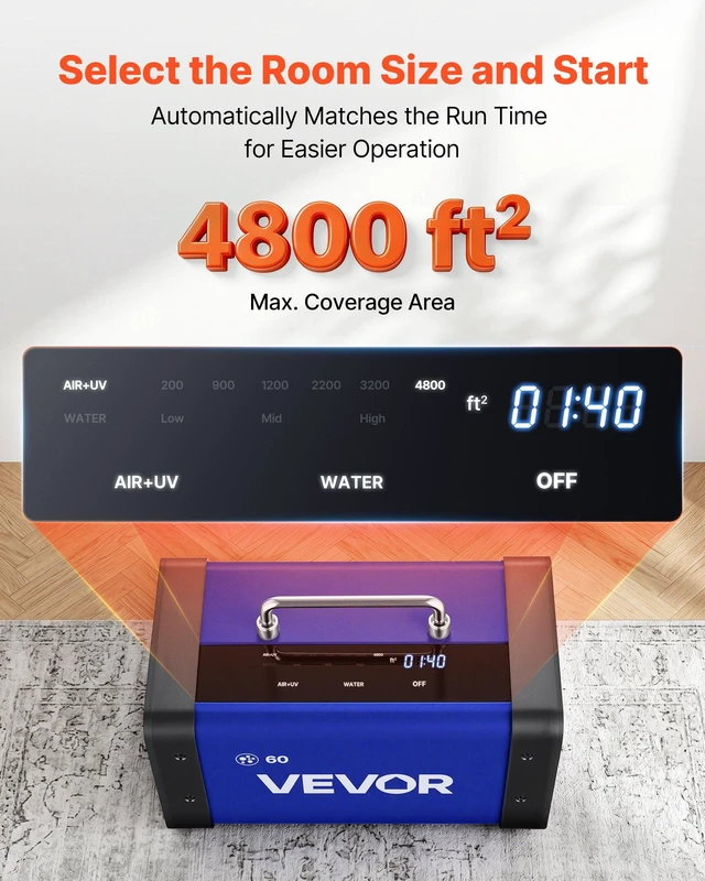 Alt view image 4 of 8 - VEVOR Ozone Generator, 60000mg/h Commercial Ozone Machine, with 15s Delayed Start & Dual-Hose Water Mode & LCD Touchscreen, Industrial Deodorizer for Car, Smoke, Home Odors, Up to 4800 sq.ft