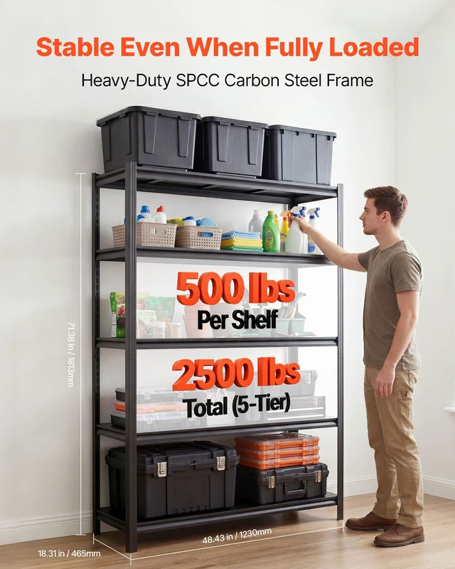 Alt view image 2 of 8 - VEVOR Storage Shelves, 5-Tier Adjustable, 2500 lbs Capacity, Heavy Duty Garage Storage Shelving Unit, Metal Utility Rack Shelf, for Garage Warehouse Basement Kitchen, 48.43" W x 18.31" D x 71.38" H