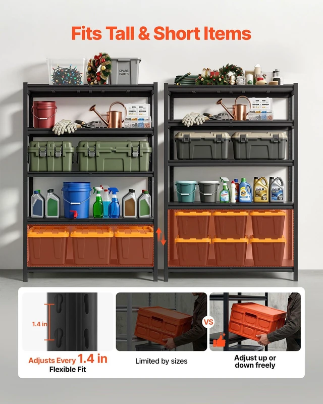 Alt view image 3 of 8 - VEVOR Storage Shelves, 5-Tier Adjustable, 2500 lbs Capacity, Heavy Duty Garage Storage Shelving Unit, Metal Utility Rack Shelf, for Garage Warehouse Basement Kitchen, 48.43" W x 18.31" D x 71.38" H