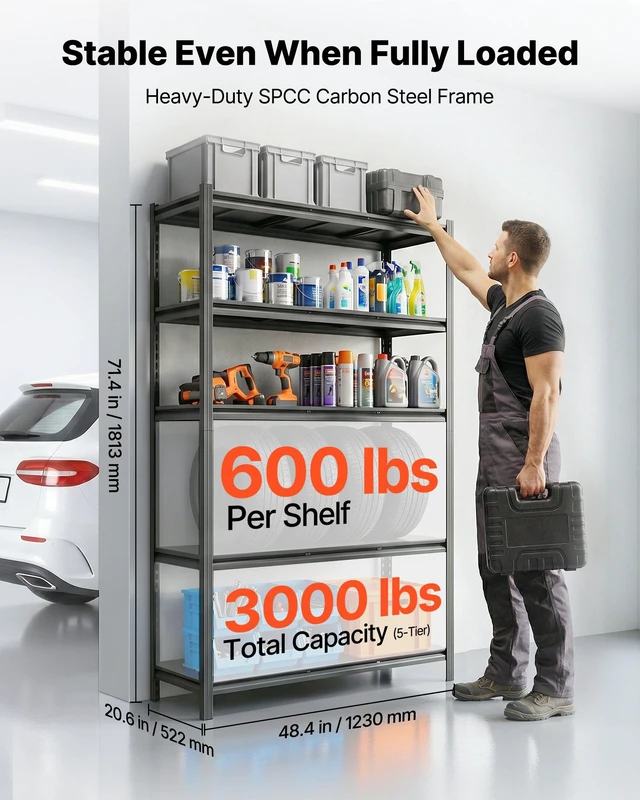 Alt view image 2 of 8 - VEVOR Storage Shelves, 5-Tier Adjustable, 3000 lbs Capacity, Heavy Duty Garage Storage Shelving Unit, Metal Utility Rack Shelf, for Garage Workshop Warehouse Basement, 48.43" W x 20.55" D x 71.38" H
