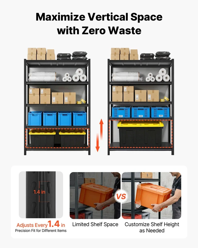 Alt view image 3 of 8 - VEVOR Storage Shelves, 5-Tier Adjustable, 3000 lbs Capacity, Heavy Duty Garage Storage Shelving Unit, Metal Utility Rack Shelf, for Garage Workshop Warehouse Basement, 48.43" W x 20.55" D x 71.38" H