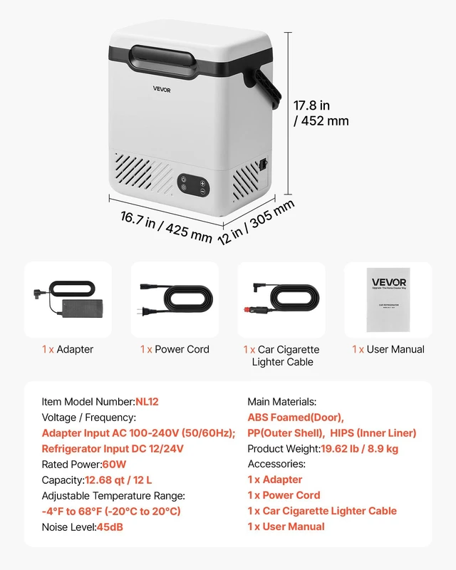 Alt view image 7 of 8 - VEVOR 12 Volt Refrigerator, 12.68 QT/ 12L Car Fridge, Portable Electric Freezer Compressor with Handle, 12V/24V DC 100-240V AC, -4°F to 68/-20 to 20, for Truck Van RV SUV Boat Travel Camping
