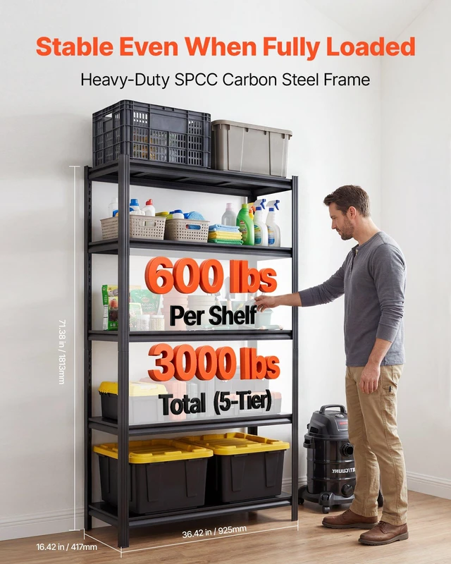 Alt view image 2 of 8 - VEVOR Storage Shelves, 5-Tier Adjustable, 3000 lbs Capacity, Heavy Duty Garage Storage Shelving Unit, Metal Utility Rack Shelf, for Garage Warehouse Basement Kitchen, 36.42" W x 16.42" D x 71.38" H
