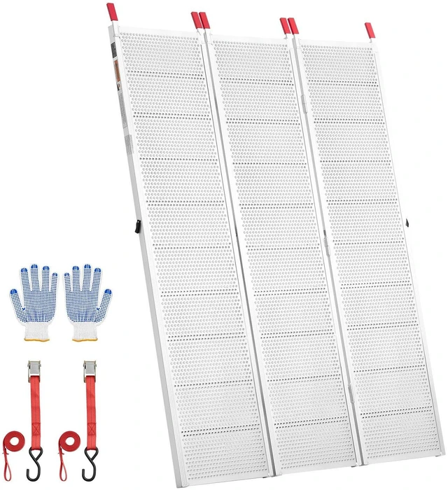 Main image of VEVOR Aluminum Trailer Ramps, 76 x 54 in Tri-Folding Truck Ramps with Straps & Non-Slip Rubber Fingers, 1500LBS Capacity ATV Loading Ramps for Pickup Trucks, Motorcycles, Lawn Mowers, Tractors, Carts