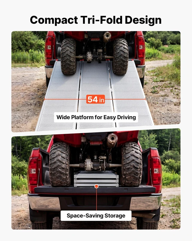 Alt view image 3 of 8 - VEVOR Aluminum Trailer Ramps, 76 x 54 in Tri-Folding Truck Ramps with Straps & Non-Slip Rubber Fingers, 1500LBS Capacity ATV Loading Ramps for Pickup Trucks, Motorcycles, Lawn Mowers, Tractors, Carts