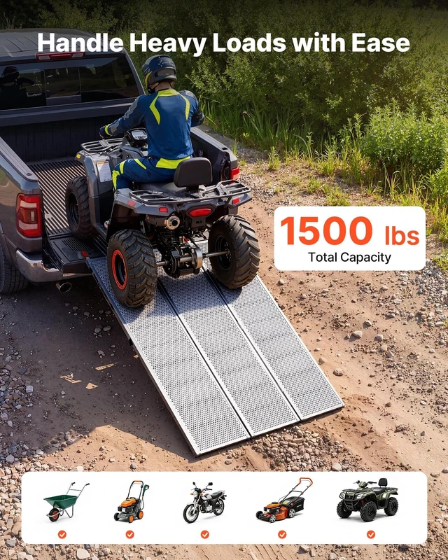 Alt view image 2 of 8 - VEVOR Aluminum Trailer Ramps, 76 x 54 in Tri-Folding Truck Ramps with Straps & Non-Slip Rubber Fingers, 1500LBS Capacity ATV Loading Ramps for Pickup Trucks, Motorcycles, Lawn Mowers, Tractors, Carts