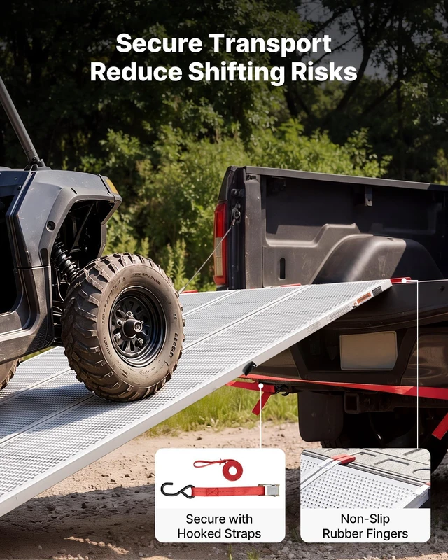 Alt view image 5 of 8 - VEVOR Aluminum Trailer Ramps, 76 x 54 in Tri-Folding Truck Ramps with Straps & Non-Slip Rubber Fingers, 1500LBS Capacity ATV Loading Ramps for Pickup Trucks, Motorcycles, Lawn Mowers, Tractors, Carts