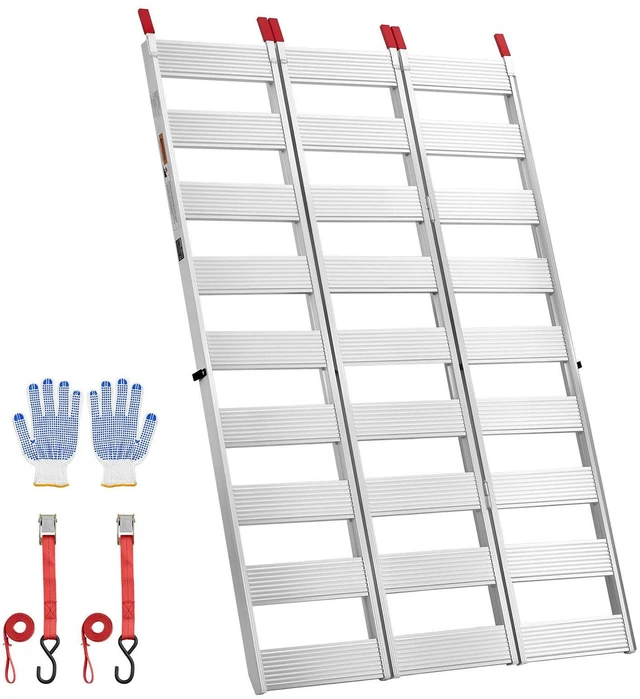Main image of VEVOR Aluminum Trailer Ramps, 76 x 50 in Tri-Folding Truck Ramps with Straps & Non-Slip Rubber Fingers, 1500LBS Capacity ATV Loading Ramps for Pickup Trucks, Motorcycles, Lawn Mowers, Tractors, Carts