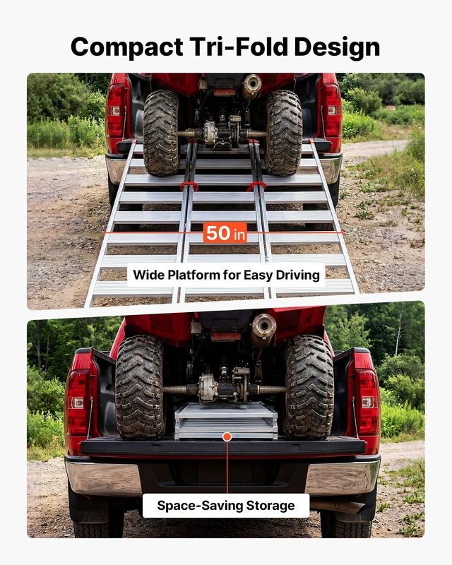 Alt view image 3 of 8 - VEVOR Aluminum Trailer Ramps, 76 x 50 in Tri-Folding Truck Ramps with Straps & Non-Slip Rubber Fingers, 1500LBS Capacity ATV Loading Ramps for Pickup Trucks, Motorcycles, Lawn Mowers, Tractors, Carts