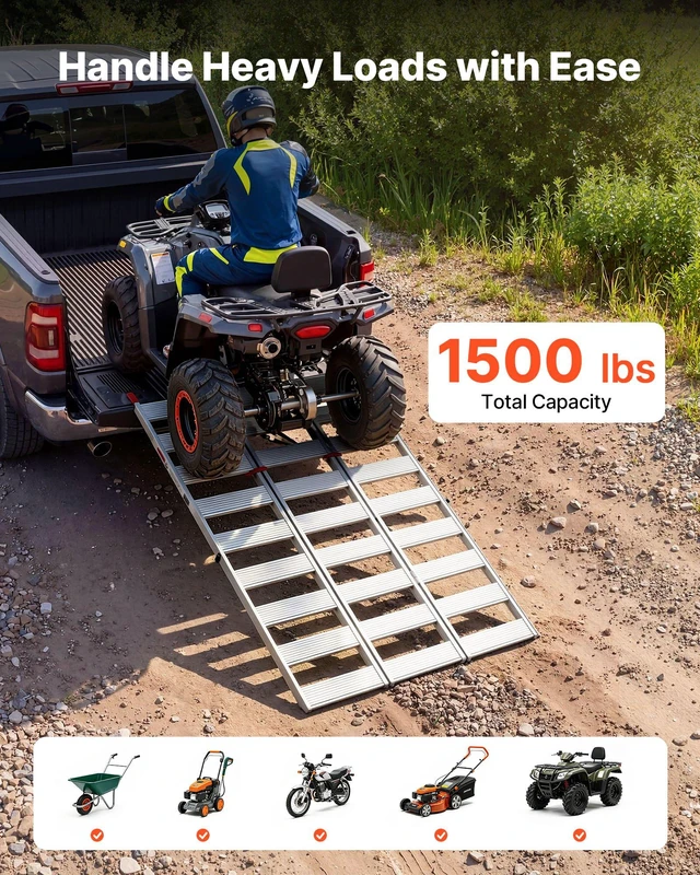 Alt view image 2 of 8 - VEVOR Aluminum Trailer Ramps, 76 x 50 in Tri-Folding Truck Ramps with Straps & Non-Slip Rubber Fingers, 1500LBS Capacity ATV Loading Ramps for Pickup Trucks, Motorcycles, Lawn Mowers, Tractors, Carts