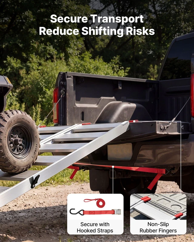 Alt view image 5 of 8 - VEVOR Aluminum Trailer Ramps, 76 x 50 in Tri-Folding Truck Ramps with Straps & Non-Slip Rubber Fingers, 1500LBS Capacity ATV Loading Ramps for Pickup Trucks, Motorcycles, Lawn Mowers, Tractors, Carts