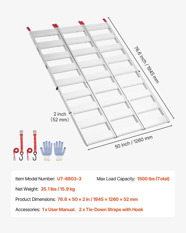 Alt view image 7 of 8 - VEVOR Aluminum Trailer Ramps, 76 x 50 in Tri-Folding Truck Ramps with Straps & Non-Slip Rubber Fingers, 1500LBS Capacity ATV Loading Ramps for Pickup Trucks, Motorcycles, Lawn Mowers, Tractors, Carts