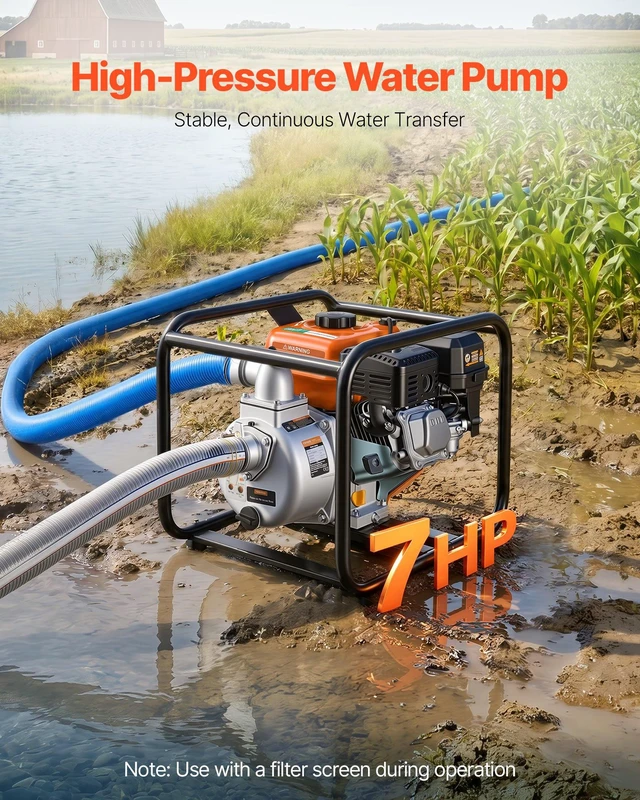 Alt view image 2 of 8 - VEVOR Gas Powered Water Pump, 2 in, 132 GPM 7HP Semi Trash Water Transfer Pump Portable, Gasoline Engine with 25 ft Discharge Hose, Heavy Duty Frame, Cast Iron Impeller, for Irrigation, Ponds, Pools