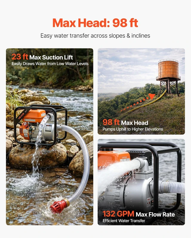 Alt view image 3 of 8 - VEVOR Gas Powered Water Pump, 2 in, 132 GPM 7HP Semi Trash Water Transfer Pump Portable, Gasoline Engine with 25 ft Discharge Hose, Heavy Duty Frame, Cast Iron Impeller, for Irrigation, Ponds, Pools