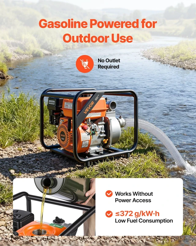Alt view image 4 of 8 - VEVOR Gas Powered Water Pump, 2 in, 132 GPM 7HP Semi Trash Water Transfer Pump Portable, Gasoline Engine with 25 ft Discharge Hose, Heavy Duty Frame, Cast Iron Impeller, for Irrigation, Ponds, Pools