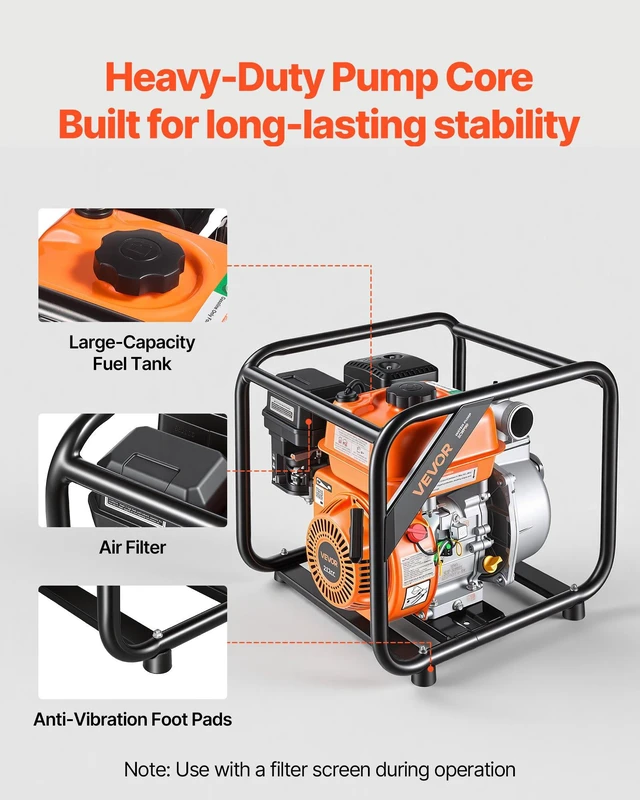 Alt view image 5 of 8 - VEVOR Gas Powered Water Pump, 2 in, 132 GPM 7HP Semi Trash Water Transfer Pump Portable, Gasoline Engine with 25 ft Discharge Hose, Heavy Duty Frame, Cast Iron Impeller, for Irrigation, Ponds, Pools