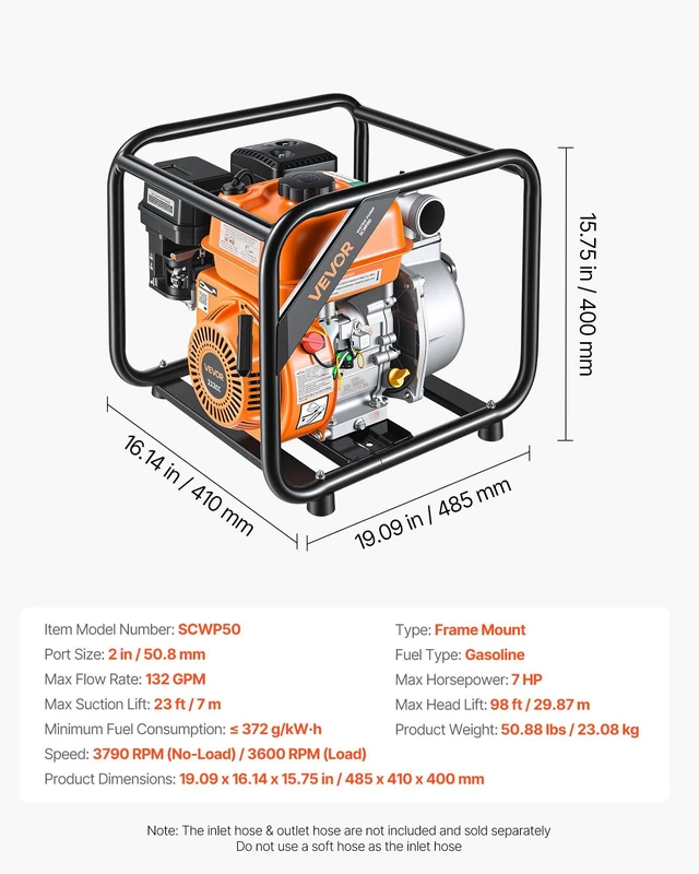 Alt view image 7 of 8 - VEVOR Gas Powered Water Pump, 2 in, 132 GPM 7HP Semi Trash Water Transfer Pump Portable, Gasoline Engine with 25 ft Discharge Hose, Heavy Duty Frame, Cast Iron Impeller, for Irrigation, Ponds, Pools