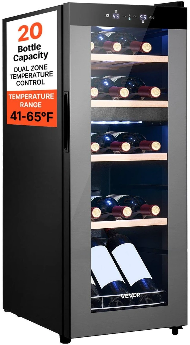 Main image of VEVOR 20 Bottle Wine Fridge, Freestanding Wine Cooler Refrigerator, Dual Zone Cooler, 41 to 65 Adjustable Temp Mini Cellar, Glass Door, For Home Office Bar, Red White Champagne or Sparkling Wines