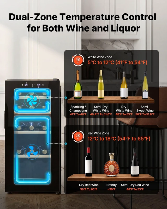 Alt view image 3 of 8 - VEVOR 20 Bottle Wine Fridge, Freestanding Wine Cooler Refrigerator, Dual Zone Cooler, 41 to 65 Adjustable Temp Mini Cellar, Glass Door, For Home Office Bar, Red White Champagne or Sparkling Wines