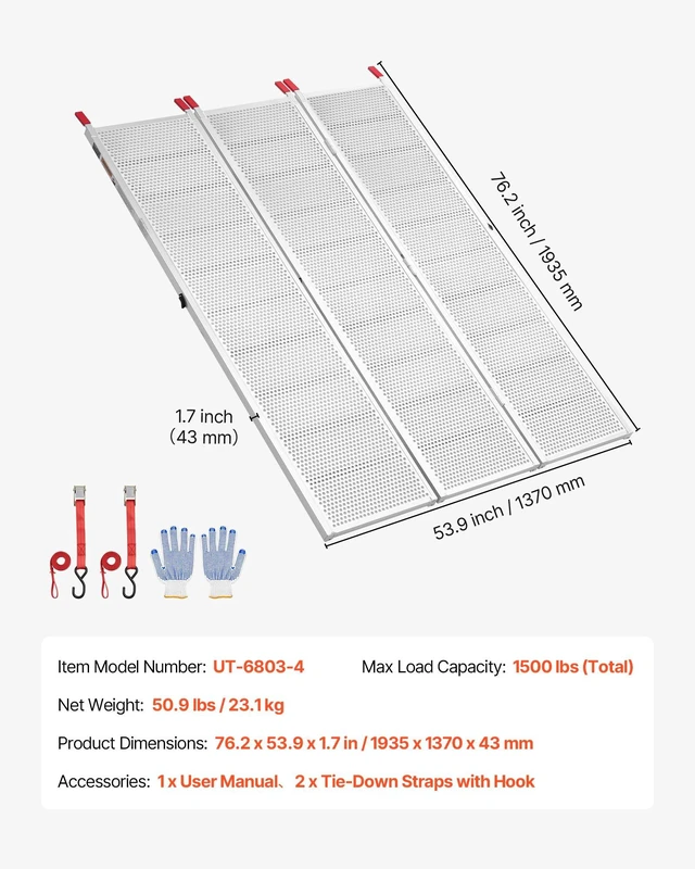 Alt view image 7 of 8 - VEVOR Aluminum Trailer Ramps, 76 x 54 in Tri-Folding Truck Ramps with Straps & Non-Slip Rubber Fingers, 1500LBS Capacity ATV Loading Ramps for Pickup Trucks, Motorcycles, Lawn Mowers, Tractors, Carts
