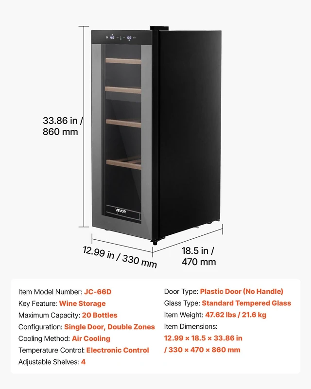 Alt view image 7 of 8 - VEVOR 20 Bottle Wine Fridge, Freestanding Wine Cooler Refrigerator, Dual Zone Cooler, 41 to 65 Adjustable Temp Mini Cellar, Glass Door, For Home Office Bar, Red White Champagne or Sparkling Wines