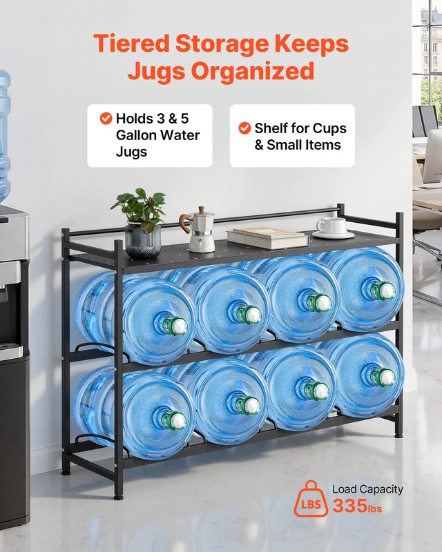 Alt view image 2 of 8 - VEVOR Water Jug Holder, 3 Tiers 4 Rows 3 and 5 Gallon Water Bottle Holder for 8 Bottles, Heavy Duty Jug Rack Organizer with Storage Shelf, Angled Design, for Kitchen, Office, Living Room, Black
