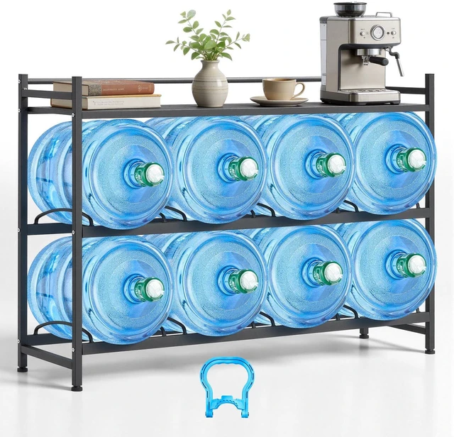 Main image of VEVOR Water Jug Holder, 3 Tiers 4 Rows 3 and 5 Gallon Water Bottle Holder for 8 Bottles, Heavy Duty Jug Rack Organizer with Storage Shelf, Angled Design, for Kitchen, Office, Living Room, Black