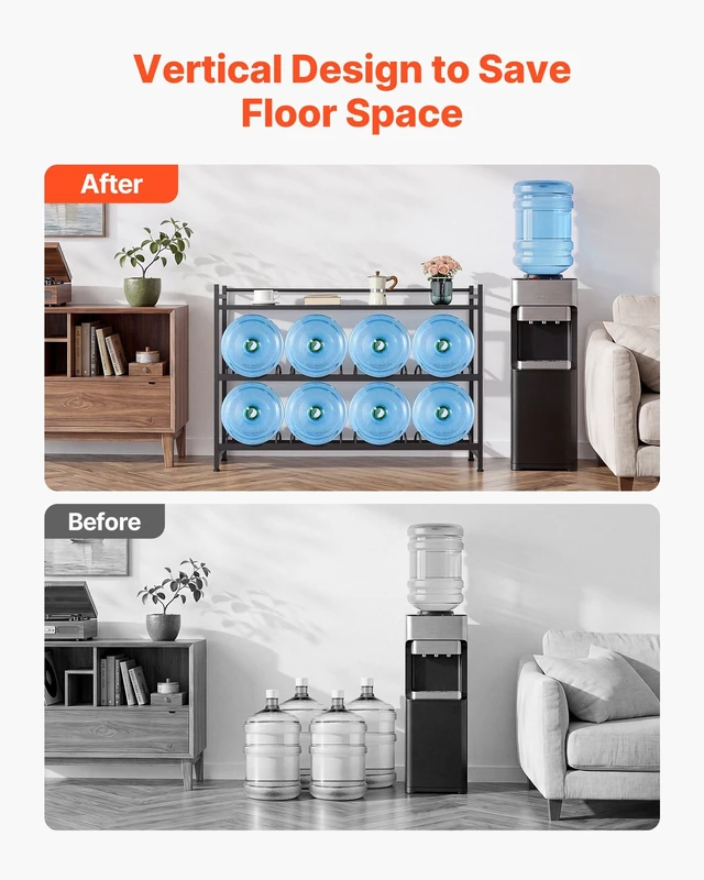 Alt view image 3 of 8 - VEVOR Water Jug Holder, 3 Tiers 4 Rows 3 and 5 Gallon Water Bottle Holder for 8 Bottles, Heavy Duty Jug Rack Organizer with Storage Shelf, Angled Design, for Kitchen, Office, Living Room, Black