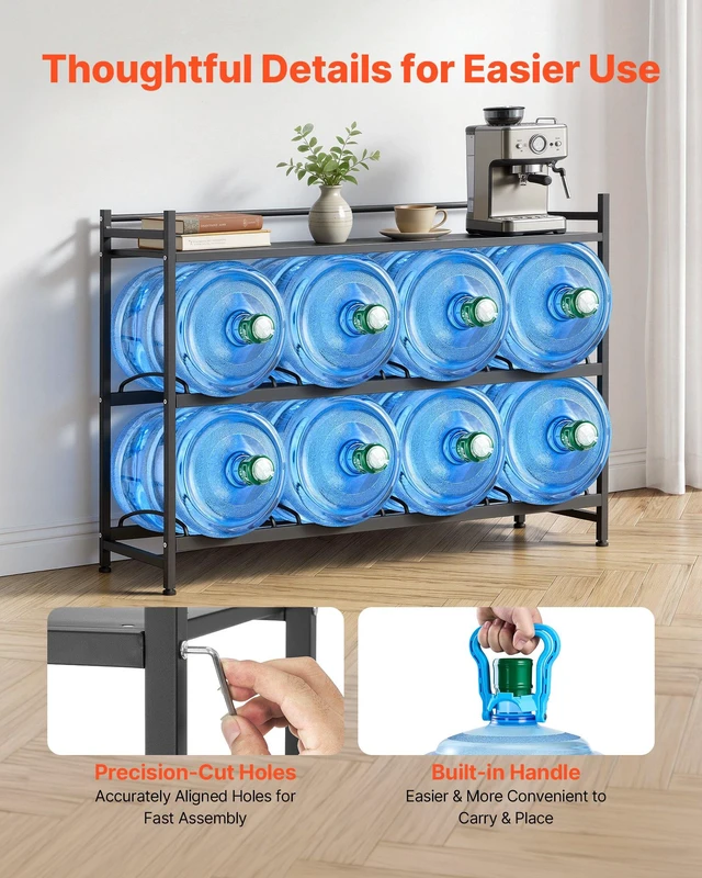 Alt view image 6 of 8 - VEVOR Water Jug Holder, 3 Tiers 4 Rows 3 and 5 Gallon Water Bottle Holder for 8 Bottles, Heavy Duty Jug Rack Organizer with Storage Shelf, Angled Design, for Kitchen, Office, Living Room, Black