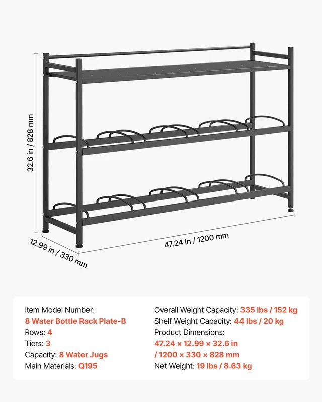 Alt view image 7 of 8 - VEVOR Water Jug Holder, 3 Tiers 4 Rows 3 and 5 Gallon Water Bottle Holder for 8 Bottles, Heavy Duty Jug Rack Organizer with Storage Shelf, Angled Design, for Kitchen, Office, Living Room, Black