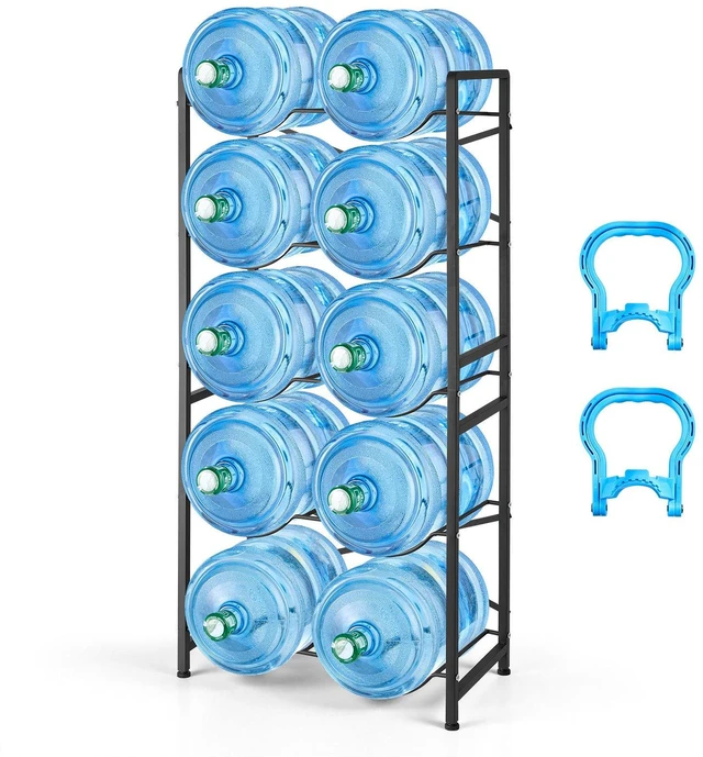 Main image of VEVOR Water Jug Holder, 5 Tiers Double Rows 3 and 5 Gallon Water Bottle Holder for 10 Bottles, Heavy Duty Jug Rack Organizer with Handles, Easy Assembly, for Kitchen, Office, Living Room, Black
