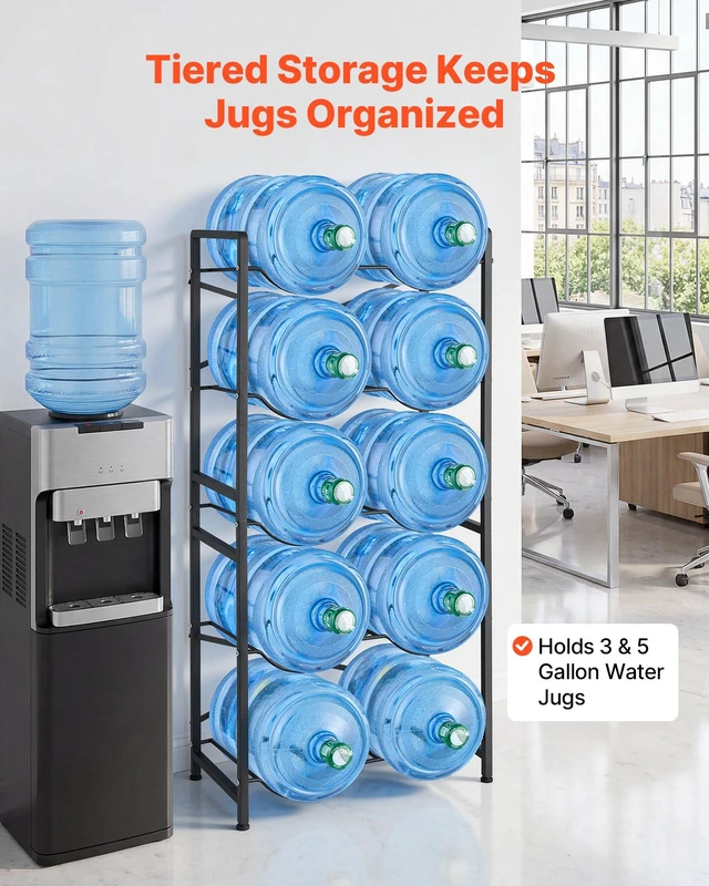 Alt view image 2 of 8 - VEVOR Water Jug Holder, 5 Tiers Double Rows 3 and 5 Gallon Water Bottle Holder for 10 Bottles, Heavy Duty Jug Rack Organizer with Handles, Easy Assembly, for Kitchen, Office, Living Room, Black