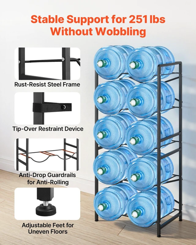 Alt view image 4 of 8 - VEVOR Water Jug Holder, 5 Tiers Double Rows 3 and 5 Gallon Water Bottle Holder for 10 Bottles, Heavy Duty Jug Rack Organizer with Handles, Easy Assembly, for Kitchen, Office, Living Room, Black