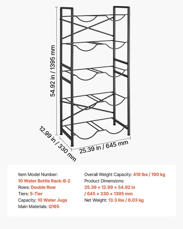 Alt view image 7 of 8 - VEVOR Water Jug Holder, 5 Tiers Double Rows 3 and 5 Gallon Water Bottle Holder for 10 Bottles, Heavy Duty Jug Rack Organizer with Handles, Easy Assembly, for Kitchen, Office, Living Room, Black