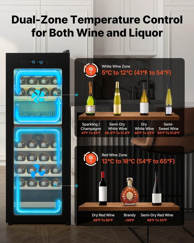 Alt view image 3 of 8 - VEVOR 42 Bottle Wine Fridge, Freestanding Wine Cooler Refrigerator, Dual Zone Cooler, 41 to 65 Adjustable Temp Mini Cellar, Glass Door, For Home Office Bar, Red White Champagne or Sparkling Wines