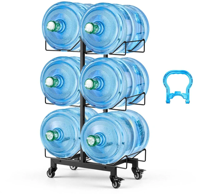 Main image of VEVOR Water Jug Holder, 3 Tiers Double Rows 3 and 5 Gallon Water Bottle Holder for 6 Bottles, Heavy Duty Jug Rack Organizer with Casters and Handles, Foldable for Kitchen, Office, Living Room, Black