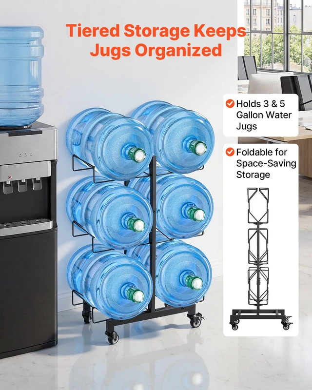 Alt view image 2 of 8 - VEVOR Water Jug Holder, 3 Tiers Double Rows 3 and 5 Gallon Water Bottle Holder for 6 Bottles, Heavy Duty Jug Rack Organizer with Casters and Handles, Foldable for Kitchen, Office, Living Room, Black