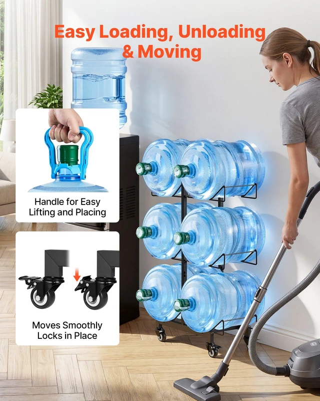 Alt view image 3 of 8 - VEVOR Water Jug Holder, 3 Tiers Double Rows 3 and 5 Gallon Water Bottle Holder for 6 Bottles, Heavy Duty Jug Rack Organizer with Casters and Handles, Foldable for Kitchen, Office, Living Room, Black