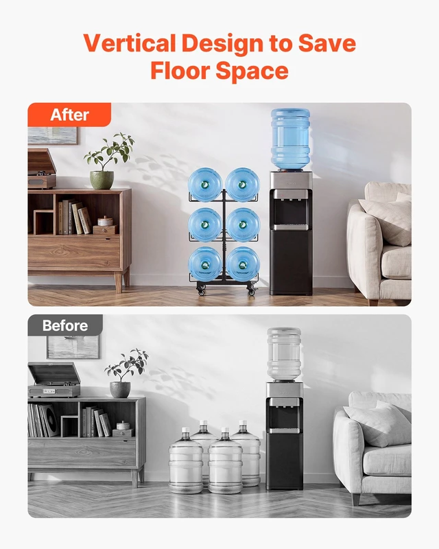 Alt view image 4 of 8 - VEVOR Water Jug Holder, 3 Tiers Double Rows 3 and 5 Gallon Water Bottle Holder for 6 Bottles, Heavy Duty Jug Rack Organizer with Casters and Handles, Foldable for Kitchen, Office, Living Room, Black
