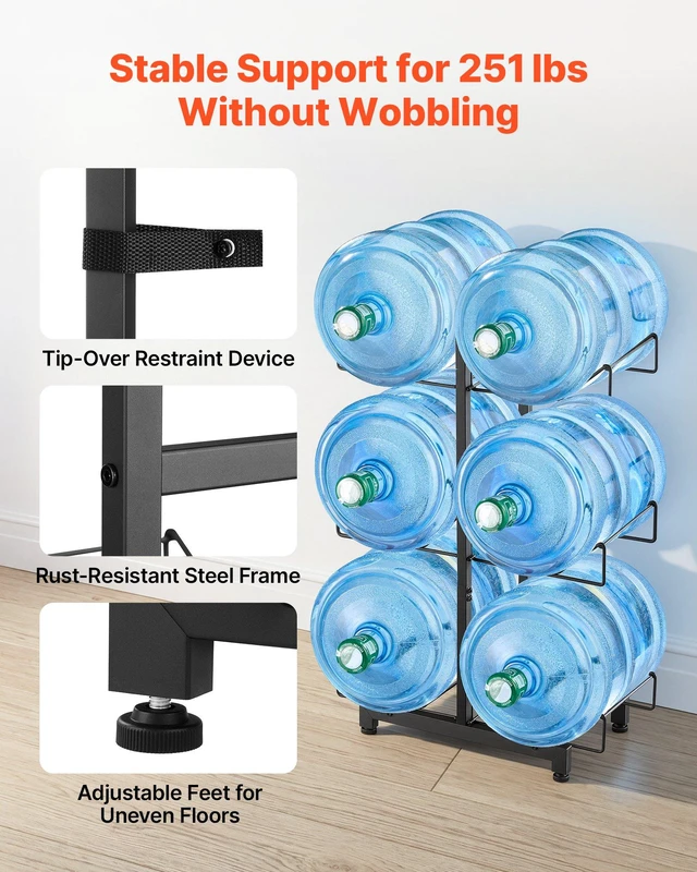 Alt view image 5 of 8 - VEVOR Water Jug Holder, 3 Tiers Double Rows 3 and 5 Gallon Water Bottle Holder for 6 Bottles, Heavy Duty Jug Rack Organizer with Casters and Handles, Foldable for Kitchen, Office, Living Room, Black