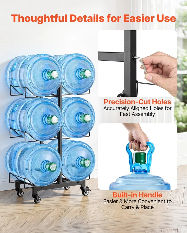 Alt view image 6 of 8 - VEVOR Water Jug Holder, 3 Tiers Double Rows 3 and 5 Gallon Water Bottle Holder for 6 Bottles, Heavy Duty Jug Rack Organizer with Casters and Handles, Foldable for Kitchen, Office, Living Room, Black