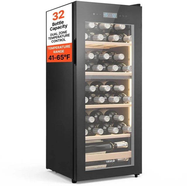 Main image of VEVOR 32 Bottle Wine Fridge, Freestanding Wine Cooler Refrigerator, Dual Zone Cooler, 41 to 65 Adjustable Temp Mini Cellar, Glass Door, For Home Office Bar, Red White Champagne or Sparkling Wines