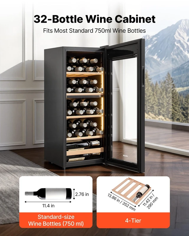 Alt view image 2 of 8 - VEVOR 32 Bottle Wine Fridge, Freestanding Wine Cooler Refrigerator, Dual Zone Cooler, 41 to 65 Adjustable Temp Mini Cellar, Glass Door, For Home Office Bar, Red White Champagne or Sparkling Wines