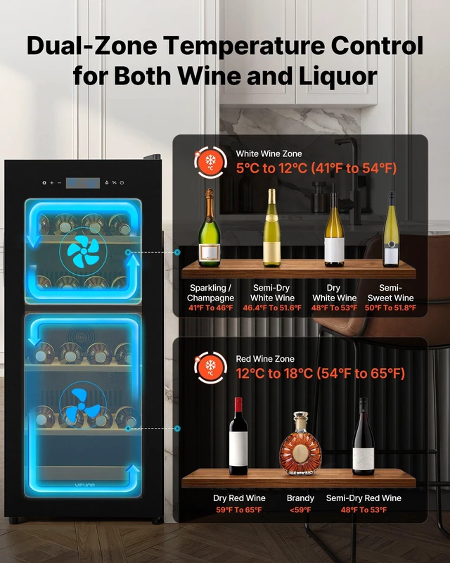 Alt view image 3 of 8 - VEVOR 32 Bottle Wine Fridge, Freestanding Wine Cooler Refrigerator, Dual Zone Cooler, 41 to 65 Adjustable Temp Mini Cellar, Glass Door, For Home Office Bar, Red White Champagne or Sparkling Wines