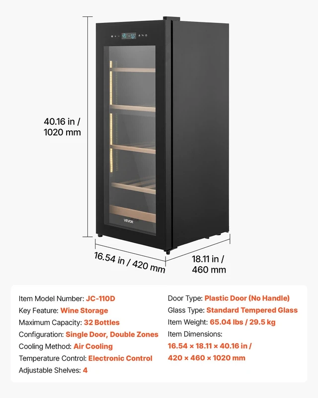 Alt view image 7 of 8 - VEVOR 32 Bottle Wine Fridge, Freestanding Wine Cooler Refrigerator, Dual Zone Cooler, 41 to 65 Adjustable Temp Mini Cellar, Glass Door, For Home Office Bar, Red White Champagne or Sparkling Wines